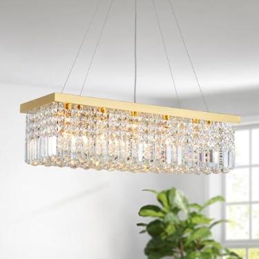 Imagem de SM Saint Mossi Lustre De Cristal K9 Saint Mossi De 5 Luzes Para Sala De Jantar, Lustre Dourado, Luminária Pendente Retangular Para Ilha De Cozinha, Lustre Raindrop, A9 X L10 X C31, Corrente Ajustável