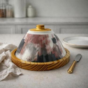 Imagem de Mini Queijeira Porta Doce Cloche Cerâmica Madeira Pinus Rosé - Luggari