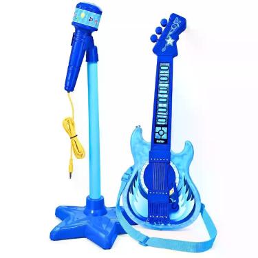 Imagem de Guitarra Infantil com Microfone Pedestal Karaokê MP3 Azul Musical - TO