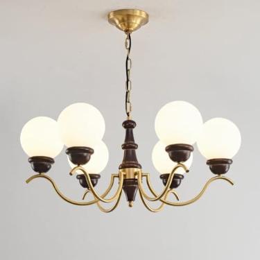 Imagem de Lustre de 3 luzes de meados do século, vidro leitoso branco, lustre de latão, luminária pendente Sputnik Farmhouse, lustre vintage de madeira para quarto, sala de estar, sala de jantar, ilha
