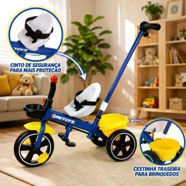 Imagem de Triciclo Infantil Empurrador Cadeirinha Confortável Seguro Azul Veicul