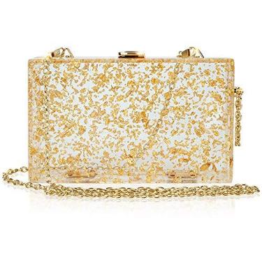Imagem de CHISHUNG Bolsa clutch feminina de acrílico para noite transparente caixa dourada bolsa para casamento coquetel festa baile, azul, Dourado + transparente, Dimension: 19.5cm*11.8cm*4cm