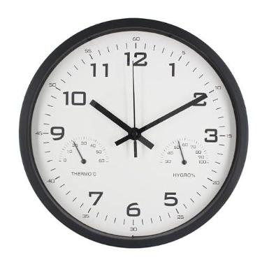 Imagem de Relógio de Parede Redondo 25cm com Termômetro e Higrômetro - Analógico, Pilha AA, Ideal para Cozinha, Sala e Escritório, Design Simples e Prático (PRETO)