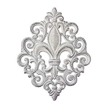 Imagem de Lulu Decor, Placa decorativa Fleur De Lis de ferro fundido de 35,5 cm (branco antigo)