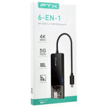 Imagem de Hub USB-C CT-HUBT4-PB 6 Portas HDMI 2 USB SD TF USB-C Fêmea Preto FTX com Manual e Certificado de Garantia