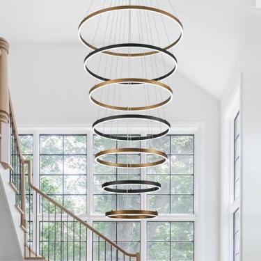 Imagem de CaraLuxe Lustre de LED de 7 anéis, lustre dourado preto, grande, regulável, lustres redondos de teto alto para hall de entrada, escada, sala de estar, 78,7 cm