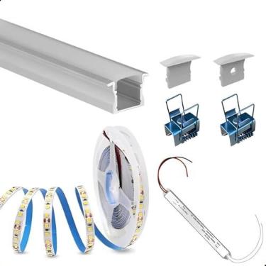 Imagem de Perfil Aluminio Embutir 2m 25mm + Fita Led 14w + Fonte Slim Branco Quente