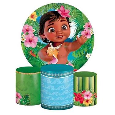 Imagem de Kit Decoração Festa de Aniversário Master Painel Redondo 1,50 + Trio de Capas de Cilindro Moana Baby