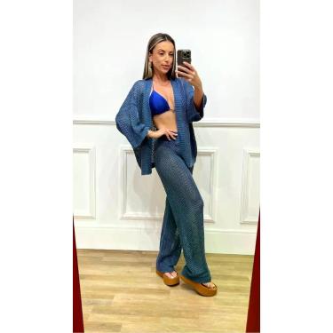 Imagem de Calça Feminina de Tricô Vazada Saída de Praia - Tamanho M - Cor Azul -
