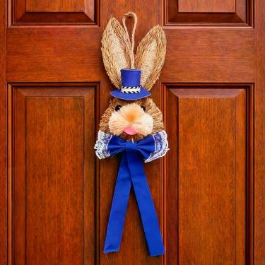 Imagem de Decoração Páscoa Pendente Cabeça Coelho Com Laço Palha 40cm Azul