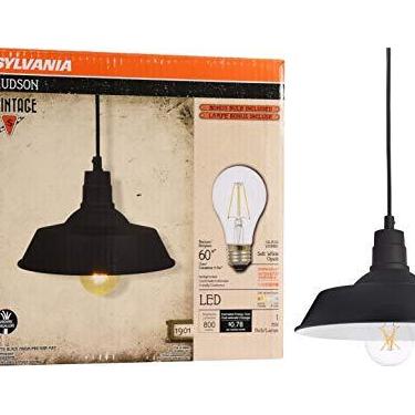 Imagem de Luminária pendente vintage Hudson da SYLVANIA com 1 lâmpada de LED A19 de 8,5 W incluída, 800 lúmens, preto antigo, regulável (60053)