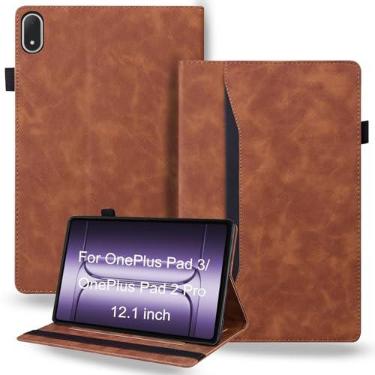 Imagem de DWaybox Capa à prova de choque para OnePlus Pad 3/OnePlus Pad 2 Pro 33.5 cm lançado em 2025 - couro PU retrô + capa protetora híbrida TPU com alça antiderrapante e compartimentos para cartões - marrom