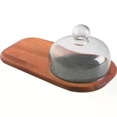 Imagem de Tábua para Queijos Provence com Pedra Sabão e Tampa de Vidro em Madeira Mogno Africano Multiuso para Servir Amadeirado