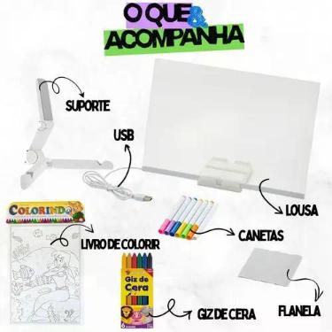 Imagem de Kit Lousa LED 30 x 20 cm com 7 Canetas, 5 Desenhos e Giz de Cera - Bel