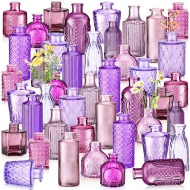 Imagem de Yaomiao 60 Vasos de vidro coloridos a granel flores bud garrafas de vidro colorido vintage colorido rústico em relevo para o dia dos namorados decoração de mesa de casamento em casa presentes (série