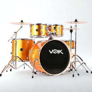 Imagem de Bateria Acústica Voik BAM22-GD Cor Gold Brilhante Bumbo 22" Caixa Com Botão de Ajuste Fino Na Vibração 8 Peças Maquina de Chimbal Completa Com Pratos + Banco e Baqueta Para Iniciantes FOCUS Séries