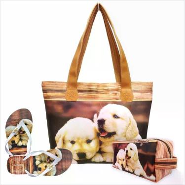 Imagem de Kit Bolsa Feminina Pet Cachorrinhos com Necessaire e Chinelo Magicc KI