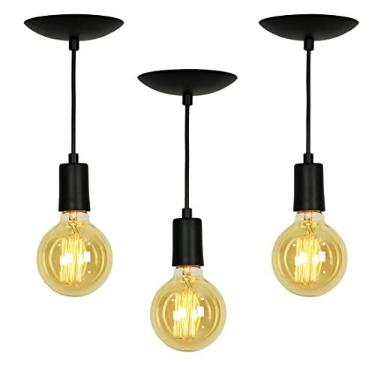 Imagem de Kit 3 Lustre Pendente Tubo Cilindro Alumínio Preto Fio 1.20m