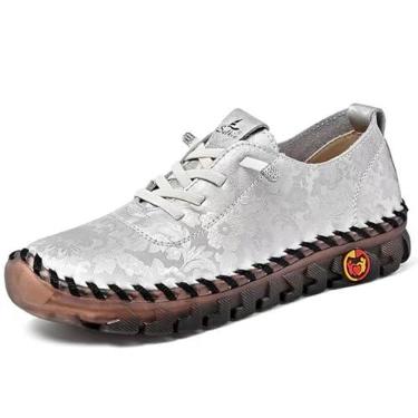 Imagem de ZPPORDMR Mocassins femininos modernos bordados à mão com fundo macio, confortável, antiderrapante, macio, casual, para caminhada, ortopédico, 4D, alívio da dor, sapatos casuais, Prateado, 35