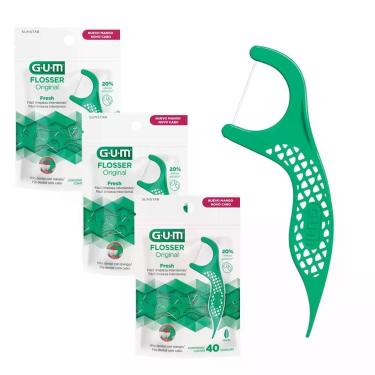 Imagem de Kit Fio Dental com Haste Flosser Gum Forquilha Verde Resistente Sabor Menta 3 Pacotes 120 Unidades