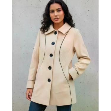 Imagem de Casaco Feminino Lã Batida Creme Acinturado EG com Bolsos Gola Camisari