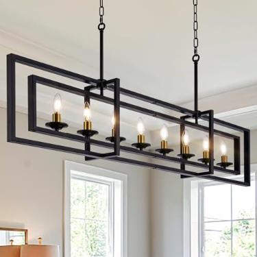 Imagem de Wellmet Lustre Moderno Em Ouro Preto, Luminária Pendente Industrial Retangular, Lustre Rústico De Fazenda De 8 Luzes Para Sala De Jantar, Ilha De Cozinha, Sala De Estar, Hall De Entrada, Corredor