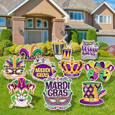 Imagem de PhyLence 10 Peças De Decoração De Carnaval Para Jardim Ao Ar Livre, Placa De Varanda - Grande Máscara Festiva, Bobo Da Corte, Coroa, Tambor E Chapéu, Placas De Design De Baile De Máscaras Com Estaca