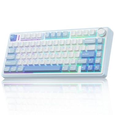 Imagem de AULA F75 75% teclado mecânico sem fio, cremoso intercambiável a quente, interruptores de madeira cinza pré-lubrificados, 2,4 GHz/tipo-C/BT5.0 (azul)