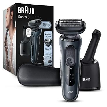 Imagem de Braun Barbeador elétrico para pele sensível, barbear molhado e seco, série 6 6075cc, com aparador de barba, Clean & Charge SmartCare Center e estojo de viagem de couro, recarregável, preto