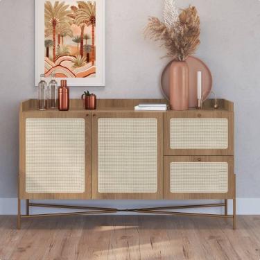 Imagem de Balcão Buffet 2 Portas 2 Gavetas 139cm Palhinha Pé Metal Marrom/Hanove