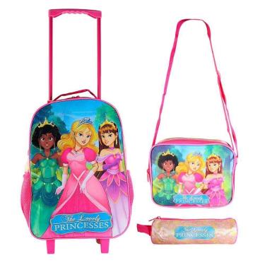 Imagem de Kit Mochila Infantil Escolar c/ Rodinha 3 Pçs Princesas Rosa - Rocie