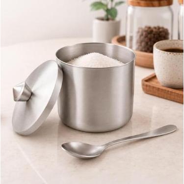 Imagem de Açucareiro Inox 300ml Porta Açúcar com Tampa e Colher Mesa Posta Café 