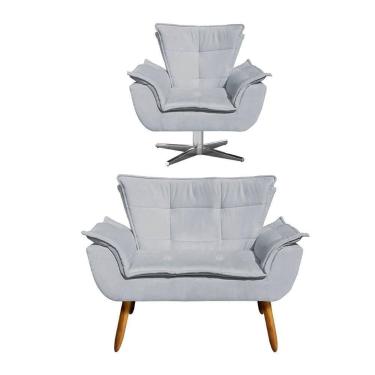 Imagem de Kit Namoradeira E Poltrona Decorativa Giratória Opla Suede Cinza Ibiza