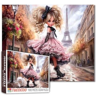 Imagem de Tucocoo Quebra-cabeça Paris menina e cachorro fofo para adultos 1000 peças, quebra-cabeça artístico com Torre Eiffel, quebra-cabeça romântico de cena de rua de Paris, presente desafiador e decorativo