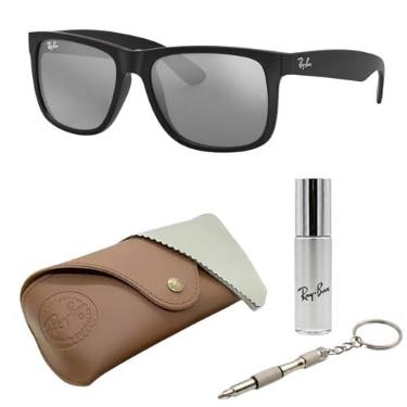 Imagem de Ray-Ban RB4165 JUSTIN COLOR MIX Óculos de sol quadrados para homens e mulheres com kit oficial de óculos RAYBAN, Armação preta fosca | Lente cinza espelhada prata, 55 mm
