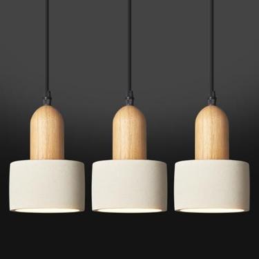 Imagem de LBSQJ Luzes pendentes de cimento moderno candelabro branco luzes de teto de madeira para quarto, sala de jantar, sala de estar, cozinha, ilha bar (pacote com 3)